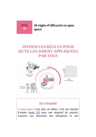 OUTIL
49
10 règles d’efficacité en open
space
INITIER LES RÈGLES POUR
QU’ELLES SOIENT APPLIQUÉES
PAR TOUS
En résumé
L’open space n’est plus un débat, c’est une donnée
d’entrée (outil 32) pour une majorité de salariés.
Laissons aux directions des entreprises et aux
 