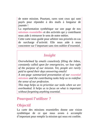de notre mission. Pourtant, rares sont ceux qui sont
payés pour répondre à des mails à longueur de
journée !
La représentation synthétique sur une page de nos
missions essentielles et des activités qui y contribuent
nous aide à retrouver le sens de notre métier.
Cette carte nous guide pour arbitrer nos priorités en cas
de surcharge d’activité. Elle nous aide à nous
concentrer sur l’important sans rien oublier d’essentiel.
Insight
Overwhelmed by emails ceaselessly filling the Inbox,
constantly called upon for emergencies, we lose sight
of the purpose of our mission. Yet, people are rarely
paid to spend their days answering emails!
A one-page summarized presentation of our essential
missions and the contributing tasks help us to redefine
the sense of our profession.
This map helps us to prioritize our tasks when we are
overbooked. It helps us to focus on what is important
without forgetting anything essential.
Pourquoi l’utiliser ?
Objectif
La carte des missions essentielles donne une vision
synthétique de ce que nous avons à accomplir
d’important pour remplir la mission qui nous est confiée.
 