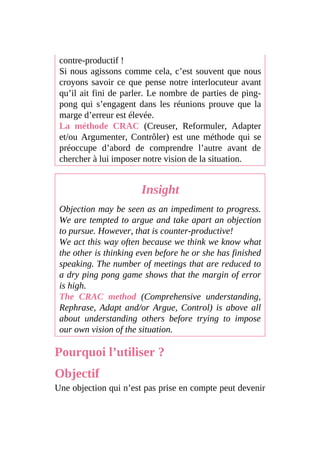 contre-productif !
Si nous agissons comme cela, c’est souvent que nous
croyons savoir ce que pense notre interlocuteur avant
qu’il ait fini de parler. Le nombre de parties de ping-
pong qui s’engagent dans les réunions prouve que la
marge d’erreur est élevée.
La méthode CRAC (Creuser, Reformuler, Adapter
et/ou Argumenter, Contrôler) est une méthode qui se
préoccupe d’abord de comprendre l’autre avant de
chercher à lui imposer notre vision de la situation.
Insight
Objection may be seen as an impediment to progress.
We are tempted to argue and take apart an objection
to pursue. However, that is counter-productive!
We act this way often because we think we know what
the other is thinking even before he or she has finished
speaking. The number of meetings that are reduced to
a dry ping pong game shows that the margin of error
is high.
The CRAC method (Comprehensive understanding,
Rephrase, Adapt and/or Argue, Control) is above all
about understanding others before trying to impose
our own vision of the situation.
Pourquoi l’utiliser ?
Objectif
Une objection qui n’est pas prise en compte peut devenir
 