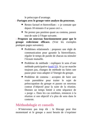 le préoccupe d’avantage.
› Partagez avec le groupe votre analyse du processus.
Restez factuel et bienveillant : « je constate que
depuis 10 minutes il se passe ceci ».
Ne prenez pas position quant au contenu, passez
tout de suite à l’étape suivante.
› Proposez un nouveau fonctionnement pour que le
groupe redevienne efficace. (Voir les exemples
pratiques pages suivantes).
Problèmes relationnels : proposez une règle de
communication pour garantir la bienveillance,
réguler le temps de parole de chacun ou stimuler
l’écoute mutuelle.
Problème de méthode : expliquez le sens d’une
méthode participative (outil 52). Si ça ne marche
toujours pas, changez de méthode ou faites une
pause pour vous adapter à l’énergie du groupe.
Problème de contenu : acceptez de faire une
vraie parenthèse pour traiter le sujet de
préoccupation du groupe et passez un nouveau
contrat d’objectif pour la suite de la réunion.
Donnez un temps limité à cette séquence de
« purge ». Dans les cas extrêmes, renoncez à la
réunion si son objectif n’a plus de sens dans le
contexte.
Méthodologie et conseils
› N’intervenez pas trop tôt : le blocage peut être
momentané et le groupe a aussi besoin de s’exprimer
 