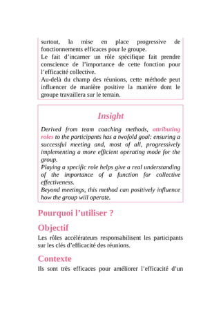 surtout, la mise en place progressive de
fonctionnements efficaces pour le groupe.
Le fait d’incarner un rôle spécifique fait prendre
conscience de l’importance de cette fonction pour
l’efficacité collective.
Au-delà du champ des réunions, cette méthode peut
influencer de manière positive la manière dont le
groupe travaillera sur le terrain.
Insight
Derived from team coaching methods, attributing
roles to the participants has a twofold goal: ensuring a
successful meeting and, most of all, progressively
implementing a more efficient operating mode for the
group.
Playing a specific role helps give a real understanding
of the importance of a function for collective
effectiveness.
Beyond meetings, this method can positively influence
how the group will operate.
Pourquoi l’utiliser ?
Objectif
Les rôles accélérateurs responsabilisent les participants
sur les clés d’efficacité des réunions.
Contexte
Ils sont très efficaces pour améliorer l’efficacité d’un
 