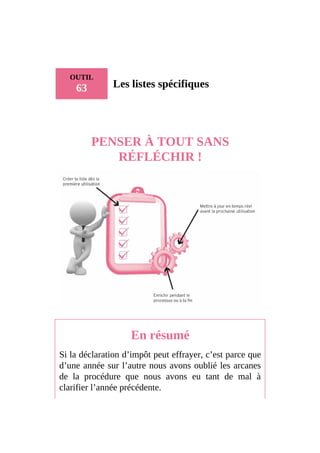OUTIL
63 Les listes spécifiques
PENSER À TOUT SANS
RÉFLÉCHIR !
En résumé
Si la déclaration d’impôt peut effrayer, c’est parce que
d’une année sur l’autre nous avons oublié les arcanes
de la procédure que nous avons eu tant de mal à
clarifier l’année précédente.
 