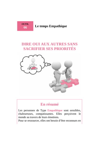 OUTIL
66 Le temps Empathique
DIRE OUI AUX AUTRES SANS
SACRIFIER SES PRIORITÉS
En résumé
Les personnes de Type Empathique sont sensibles,
chaleureuses, compatissantes. Elles perçoivent le
monde au travers de leurs émotions.
Pour se ressourcer, elles ont besoin d’être reconnues en
 