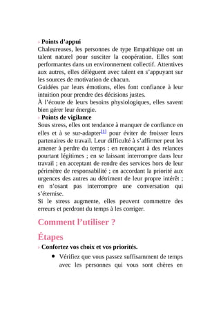 › Points d’appui
Chaleureuses, les personnes de type Empathique ont un
talent naturel pour susciter la coopération. Elles sont
performantes dans un environnement collectif. Attentives
aux autres, elles délèguent avec talent en s’appuyant sur
les sources de motivation de chacun.
Guidées par leurs émotions, elles font confiance à leur
intuition pour prendre des décisions justes.
À l’écoute de leurs besoins physiologiques, elles savent
bien gérer leur énergie.
› Points de vigilance
Sous stress, elles ont tendance à manquer de confiance en
elles et à se sur-adapter[1] pour éviter de froisser leurs
partenaires de travail. Leur difficulté à s’affirmer peut les
amener à perdre du temps : en renonçant à des relances
pourtant légitimes ; en se laissant interrompre dans leur
travail ; en acceptant de rendre des services hors de leur
périmètre de responsabilité ; en accordant la priorité aux
urgences des autres au détriment de leur propre intérêt ;
en n’osant pas interrompre une conversation qui
s’éternise.
Si le stress augmente, elles peuvent commettre des
erreurs et perdront du temps à les corriger.
Comment l’utiliser ?
Étapes
› Confortez vos choix et vos priorités.
Vérifiez que vous passez suffisamment de temps
avec les personnes qui vous sont chères en
 