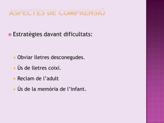  Estratègies     davant dificultats:


     Obviar lletres desconegudes.

     Ús de lletres coixí.

     Reclam de l’adult

     Ús de la memòria de l’infant.
 