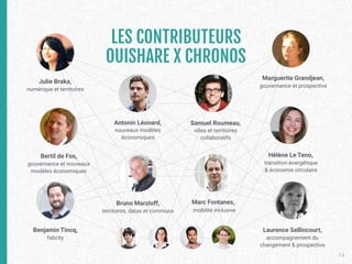 LES CONTRIBUTEURS 
OUISHARE X CHRONOS
14
Samuel Roumeau, 
villes et territoires
collaboratifs
Julie Braka, 
numérique et territoires
Benjamin Tincq, 
fabcity
Bertil de Fos, 
gouvernance et nouveaux
modèles économiques
Bruno Marzloff, 
territoires, datas et communs
Antonin Léonard, 
nouveaux modèles
économiques
Hélène Le Teno, 
transition énergétique 
& économie circulaire
Marguerite Grandjean,
gouvernance et prospective
Laurence Sellincourt, 
accompagnement du
changement & prospective
Marc Fontanes, 
mobilité inclusive
 