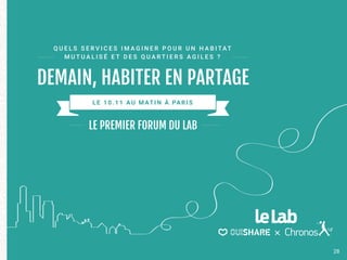 28
LE 10.11 AU M ATIN À PAR IS
LE PREMIER FORUM DU LAB
Q U E L S S E R V I C E S I M A G I N E R P O U R U N H A B I TAT  
M U T U A L I S É E T D E S Q U A R T I E R S A G I L E S ?
DEMAIN, HABITER EN PARTAGE
 