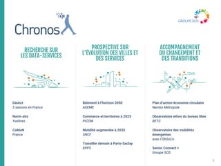 DatAct
3 saisons en France
Norm-atis
Yvelines
CoMoN
France
Bâtiment à l’horizon 2050
ADEME
Commerce et territoires à 2025
PICOM
Mobilité augmentée à 2035
SNCF
Travailler demain à Paris-Saclay
EPPS
Plan d’action économie circulaire
Nantes Métropole
Observatoire ethno du bureau libre 
BETC
Observatoire des mobilités
émergentes
avec l’ObSoCo
Senior Connect +
Groupe SOS
ACCOMPAGNEMENT 
DU CHANGEMENT ET 
DES TRANSITIONS
PROSPECTIVE SUR
L’ÉVOLUTION DES VILLES ET
DES SERVICES
RECHERCHE SUR 
LES DATA-SERVICES
8
 