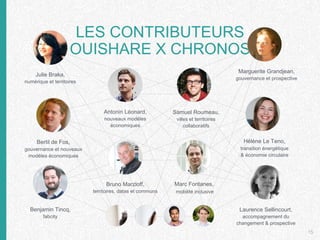 LES CONTRIBUTEURS
OUISHARE X CHRONOS
15
Samuel Roumeau,
villes et territoires
collaboratifs
Julie Braka,
numérique et territoires
Benjamin Tincq,
fabcity
Bertil de Fos,
gouvernance et nouveaux
modèles économiques
Bruno Marzloff,
territoires, datas et communs
Antonin Léonard,
nouveaux modèles
économiques
Hélène Le Teno,
transition énergétique
& économie circulaire
Marguerite Grandjean,
gouvernance et prospective
Laurence Sellincourt,
accompagnement du
changement & prospective
Marc Fontanes,
mobilité inclusive
 