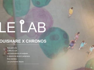 Nos parti-pris
L’offre du Lab
Les explorations et analyses
5 raisons de devenir partenaire
Être membre
Les prochaines étapes
OUISHARE X CHRONOS
LE LAB
18
 