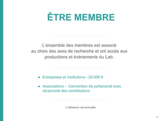 ÊTRE MEMBRE
● Entreprises et institutions - 20.000 €
● Associations - Convention de partenariat avec
réciprocité des contributions
L’ensemble des membres est associé
au choix des axes de recherche et ont accès aux
productions et évènements du Lab.
L’adhésion est annuelle.
34
 