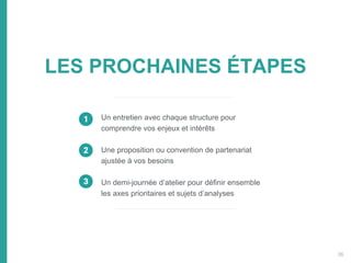 LES PROCHAINES ÉTAPES
Un entretien avec chaque structure pour
comprendre vos enjeux et intérêts
Une proposition ou convention de partenariat
ajustée à vos besoins
Un demi-journée d’atelier pour définir ensemble
les axes prioritaires et sujets d’analyses
36
 