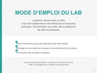 choisir les thèmes de travail collectifs et les intervenants
échanger sur les sujets sur lesquels vous souhaitez communiquer
commander des prestations dédiées
MODE D’EMPLOI DU LAB
L’adhésion donne accès à l’offre
à tous les collaborateurs des entreprises et structures
partenaire. Une formation aux outils, site et plateforme
de veille est proposée
Toutes les personnes ayant un compte actif reçoivent la lettre de
veille, les actualités et les invitations aux événements
39
 