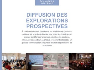 À chaque exploration prospective est associée une restitution
publique sur une demie-journée pour poser les problèmes et
enjeux, identifier des tendances, identifier des solutions,
influencer les décideurs. À chaque évènement est associé un
plan de communication autour des résultats et partenaires de
l’exploration.
DIFFUSION DES
EXPLORATIONS
PROSPECTIVES
ÉCHANGES &
INFLUENCE
47
 