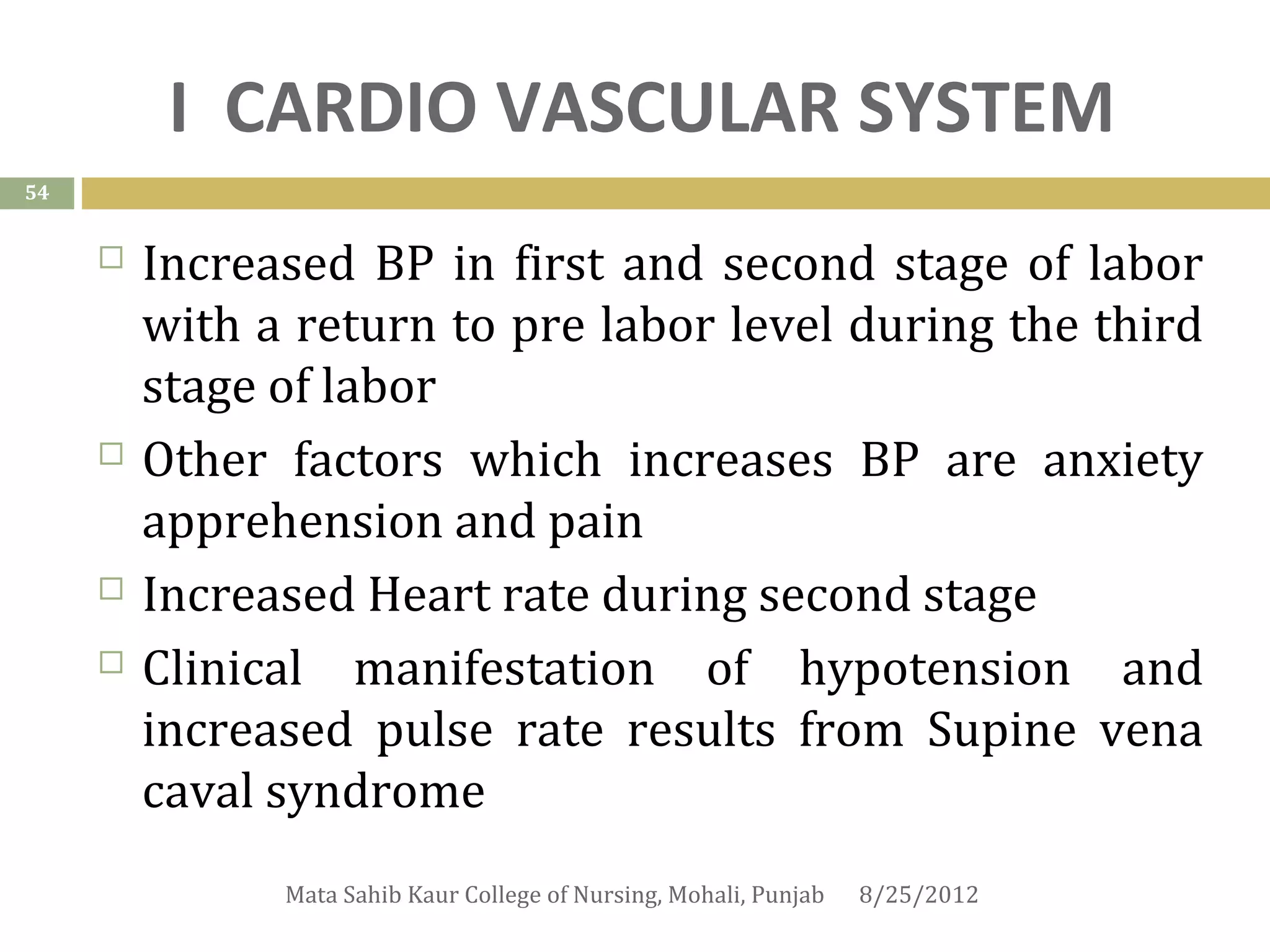 I CARDIO VASCULAR SYSTEM
54


        Increased BP in first and second stage of labor
         with a return to pre labor level during the third
         stage of labor
        Other factors which increases BP are anxiety
         apprehension and pain
        Increased Heart rate during second stage
        Clinical manifestation of hypotension and
         increased pulse rate results from Supine vena
         caval syndrome
               Mata Sahib Kaur College of Nursing, Mohali, Punjab   8/25/2012
 