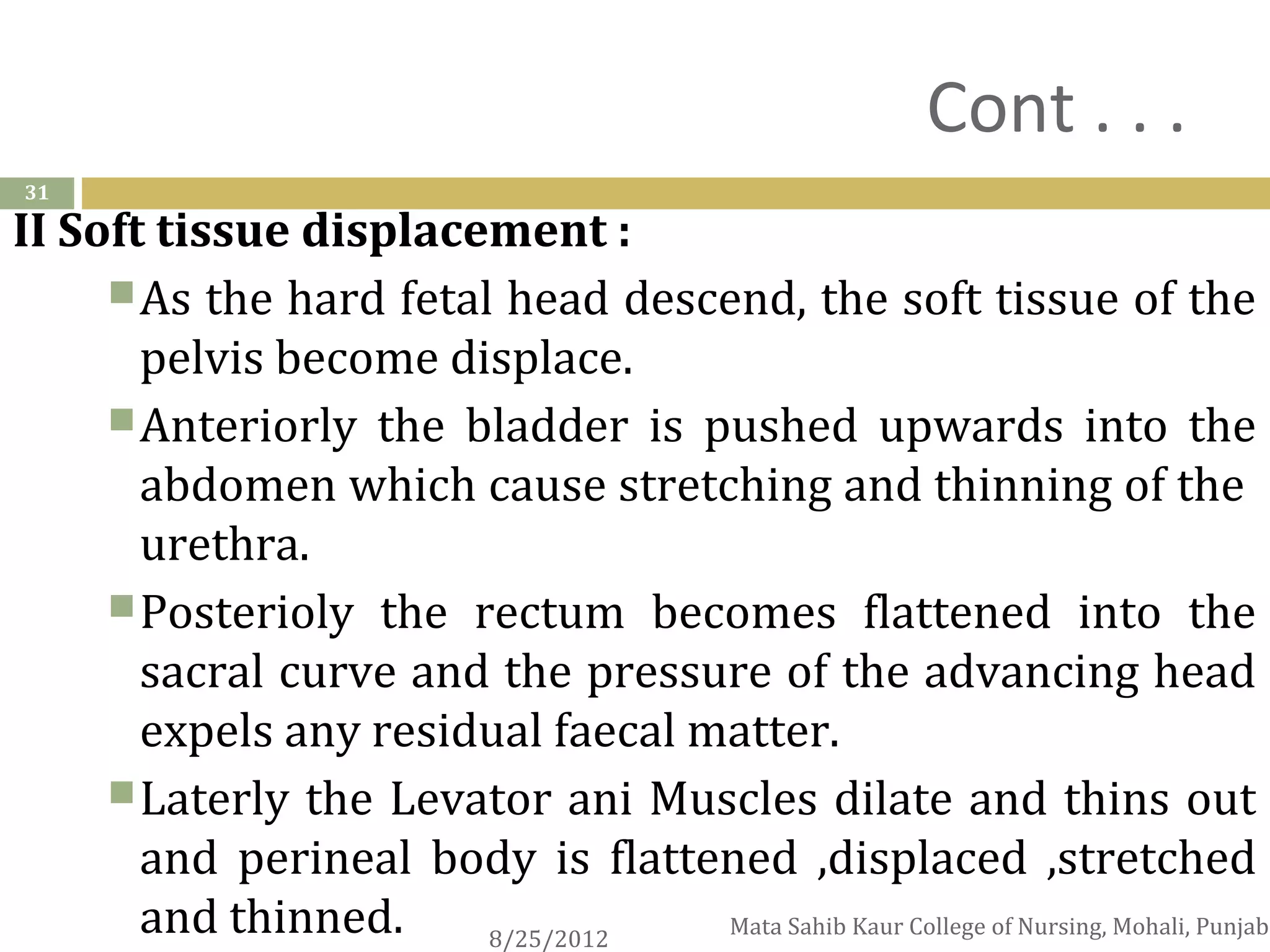 Cont . . .
31

II Soft tissue displacement :
      As the hard fetal head descend, the soft tissue of the
       pelvis become displace.
      Anteriorly the bladder is pushed upwards into the
       abdomen which cause stretching and thinning of the
       urethra.
      Posterioly the rectum becomes flattened into the
       sacral curve and the pressure of the advancing head
       expels any residual faecal matter.
      Laterly the Levator ani Muscles dilate and thins out
       and perineal body is flattened ,displaced ,stretched
       and thinned.     8/25/2012
                                   Mata Sahib Kaur College of Nursing, Mohali, Punjab
 