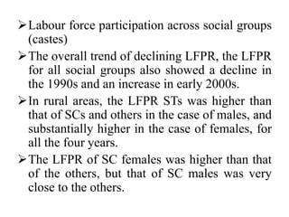 Labour force participation across social groups
(castes)
The overall trend of declining LFPR, the LFPR
for all social groups also showed a decline in
the 1990s and an increase in early 2000s.
In rural areas, the LFPR STs was higher than
that of SCs and others in the case of males, and
substantially higher in the case of females, for
all the four years.
The LFPR of SC females was higher than that
of the others, but that of SC males was very
close to the others.
 