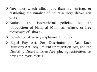  New laws which affect jobs (banning hunting, or
restricting the number of hours a lorry driver can
drive)
 National and international policies like the
introduction of National Minimum Wages, or free
movement of labour .
 Legislation affecting employment rights -
 Equal Pay Act, Sex Discrimination Act, Race
Relations Act, Asylum and Immigration Act, and the
Disability Discrimination Act- placing restrictions on
how employers recruit.
 