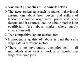 Various Approaches of Labour Markets
The neoclassical approach is makes behavioural
assumptions about how buyers and sellers of
labour respond to wage rates, prices and other
factors, and it assumes that the labour market is in
equilibrium (the labour market where supply
equals demand).
Two competitive labour market are:
Homogenous quality of labour is paid the same
wage rate in different sectors.
There is no involuntary unemployment - all
individuals who want to work at an equilibrium
wage will have jobs.
 