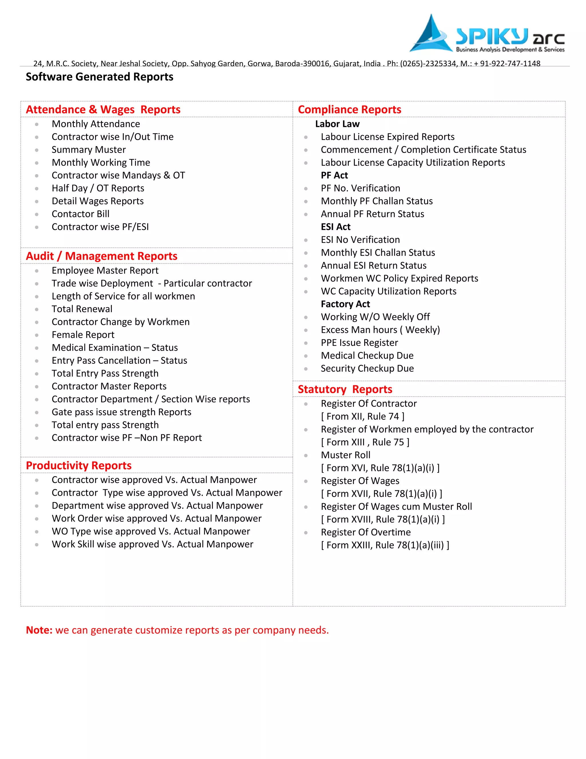 24, M.R.C. Society, Near Jeshal Society, Opp. Sahyog Garden, Gorwa, Baroda-390016, Gujarat, India . Ph: (0265)-2325334, M.: + 91-922-747-1148 
Software Generated Reports 
Attendance & Wages Reports 
Compliance Reports  Monthly Attendance 
 Contractor wise In/Out Time 
 Summary Muster 
 Monthly Working Time 
 Contractor wise Mandays & OT 
 Half Day / OT Reports 
 Detail Wages Reports 
 Contactor Bill 
 Contractor wise PF/ESI 
Labor Law 
 Labour License Expired Reports 
 Commencement / Completion Certificate Status 
 Labour License Capacity Utilization Reports PF Act 
 PF No. Verification 
 Monthly PF Challan Status 
 Annual PF Return Status 
ESI Act 
 ESI No Verification 
 Monthly ESI Challan Status 
 Annual ESI Return Status 
 Workmen WC Policy Expired Reports 
 WC Capacity Utilization Reports 
Factory Act 
 Working W/O Weekly Off 
 Excess Man hours ( Weekly) 
 PPE Issue Register 
 Medical Checkup Due 
 Security Checkup Due Audit / Management Reports  Employee Master Report 
 Trade wise Deployment - Particular contractor 
 Length of Service for all workmen 
 Total Renewal 
 Contractor Change by Workmen 
 Female Report 
 Medical Examination – Status 
 Entry Pass Cancellation – Status 
 Total Entry Pass Strength 
 Contractor Master Reports 
 Contractor Department / Section Wise reports 
 Gate pass issue strength Reports 
 Total entry pass Strength 
 Contractor wise PF –Non PF Report Statutory Reports  Register Of Contractor 
[ From XII, Rule 74 ] 
 Register of Workmen employed by the contractor 
[ Form XIII , Rule 75 ] 
 Muster Roll 
[ Form XVI, Rule 78(1)(a)(i) ] 
 Register Of Wages 
[ Form XVII, Rule 78(1)(a)(i) ] 
 Register Of Wages cum Muster Roll 
[ Form XVIII, Rule 78(1)(a)(i) ] 
 Register Of Overtime 
[ Form XXIII, Rule 78(1)(a)(iii) ] 
Productivity Reports  Contractor wise approved Vs. Actual Manpower 
 Contractor Type wise approved Vs. Actual Manpower 
 Department wise approved Vs. Actual Manpower 
 Work Order wise approved Vs. Actual Manpower 
 WO Type wise approved Vs. Actual Manpower 
 Work Skill wise approved Vs. Actual Manpower 
Note: we can generate customize reports as per company needs.  