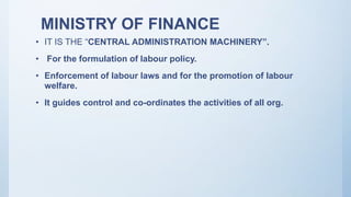 MINISTRY OF FINANCE
• IT IS THE “CENTRAL ADMINISTRATION MACHINERY”.
• For the formulation of labour policy.
• Enforcement of labour laws and for the promotion of labour
welfare.
• It guides control and co-ordinates the activities of all org.
 