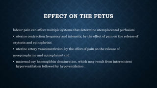 EFFECT ON THE FETUS 
labour pain can affect multiple systems that determine uteroplacental perfusion: 
• uterine contraction frequency and intensity, by the effect of pain on the release of 
oxytocin and epinephrine; 
• uterine artery vasoconstriction, by the effect of pain on the release of 
norepinephrine and epinephrine; and 
• maternal oxy haemoglobin desaturation, which may result from intermittent 
hyperventilation followed by hypoventilation . 
 