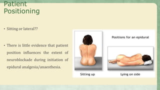 Patient
Positioning
• Sitting or lateral??
• There is little evidence that patient
position influences the extent of
neuroblockade during initiation of
epidural analgesia/anaesthesia.
 