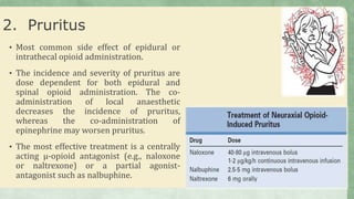 2. Pruritus
• Most common side effect of epidural or
intrathecal opioid administration.
• The incidence and severity of pruritus are
dose dependent for both epidural and
spinal opioid administration. The co-
administration of local anaesthetic
decreases the incidence of pruritus,
whereas the co-administration of
epinephrine may worsen pruritus.
• The most effective treatment is a centrally
acting μ-opioid antagonist (e.g., naloxone
or naltrexone) or a partial agonist-
antagonist such as nalbuphine.
 