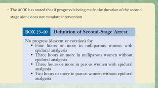 • The ACOG has stated that if progress is being made, the duration of the second
stage alone does not mandate intervention
 