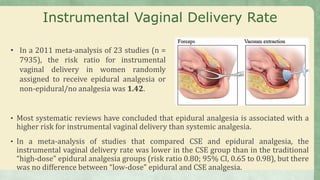 Instrumental Vaginal Delivery Rate
• Most systematic reviews have concluded that epidural analgesia is associated with a
higher risk for instrumental vaginal delivery than systemic analgesia.
• In a meta-analysis of studies that compared CSE and epidural analgesia, the
instrumental vaginal delivery rate was lower in the CSE group than in the traditional
“high-dose” epidural analgesia groups (risk ratio 0.80; 95% CI, 0.65 to 0.98), but there
was no difference between “low-dose” epidural and CSE analgesia.
• In a 2011 meta-analysis of 23 studies (n =
7935), the risk ratio for instrumental
vaginal delivery in women randomly
assigned to receive epidural analgesia or
non-epidural/no analgesia was 1.42.
 