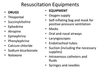 Resuscitation Equipments
• DRUGS
• Thiopental
• Succinylcholine
• Ephedrine
• Atropine
• Epinephrine
• Phenylephrine
• Calcium chloride
• Sodium bicarbonate
• Naloxone
• EQUIPMENT
• Oxygen supply
• Self-inflating bag and mask for
positive-pressure ventilation
• Masks
• Oral and nasal airways
• Laryngoscopes
• Endotracheal tubes
• Suction (including the necessary
supplies)
• Intravenous catheters and
fluids
• Syringes and needles
 