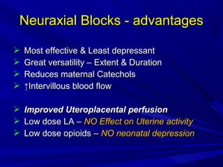 Neuraxial Blocks - advantages





Most effective & Least depressant
Great versatility – Extent & Duration
Reduces maternal Catechols
↑Intervillous blood flow





Improved Uteroplacental perfusion
Low dose LA – NO Effect on Uterine activity
Low dose opioids – NO neonatal depression

 