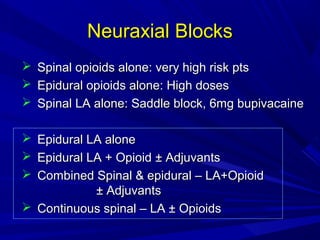 Neuraxial Blocks
 Spinal opioids alone: very high risk pts
 Epidural opioids alone: High doses
 Spinal LA alone: Saddle block, 6mg bupivacaine
Epidural LA alone
Epidural LA + Opioid ± Adjuvants
Combined Spinal & epidural – LA+Opioid
± Adjuvants
 Continuous spinal – LA ± Opioids




 
