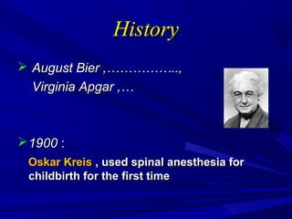 History
 August Bier ,……………..,
Virginia Apgar ,…

 1900 :
Oskar Kreis , used spinal anesthesia for
childbirth for the first time

 