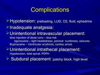Complications
 Hypotension: preloading, LUD, O2, fluid, ephedrine
 Inadequate analgesia:
 Unintentional intravascular placement:
slow injection of dilute conc – less risk
ligonocaine – light headedness, perioral numbness, seizures.
Bupivacaine – Ventricular arrythmia, cardiac arrest

 Unintentional intrathecal placement:
Hypotension, total spinal, PDPH

 Subdural placement :patchy block, high level

 