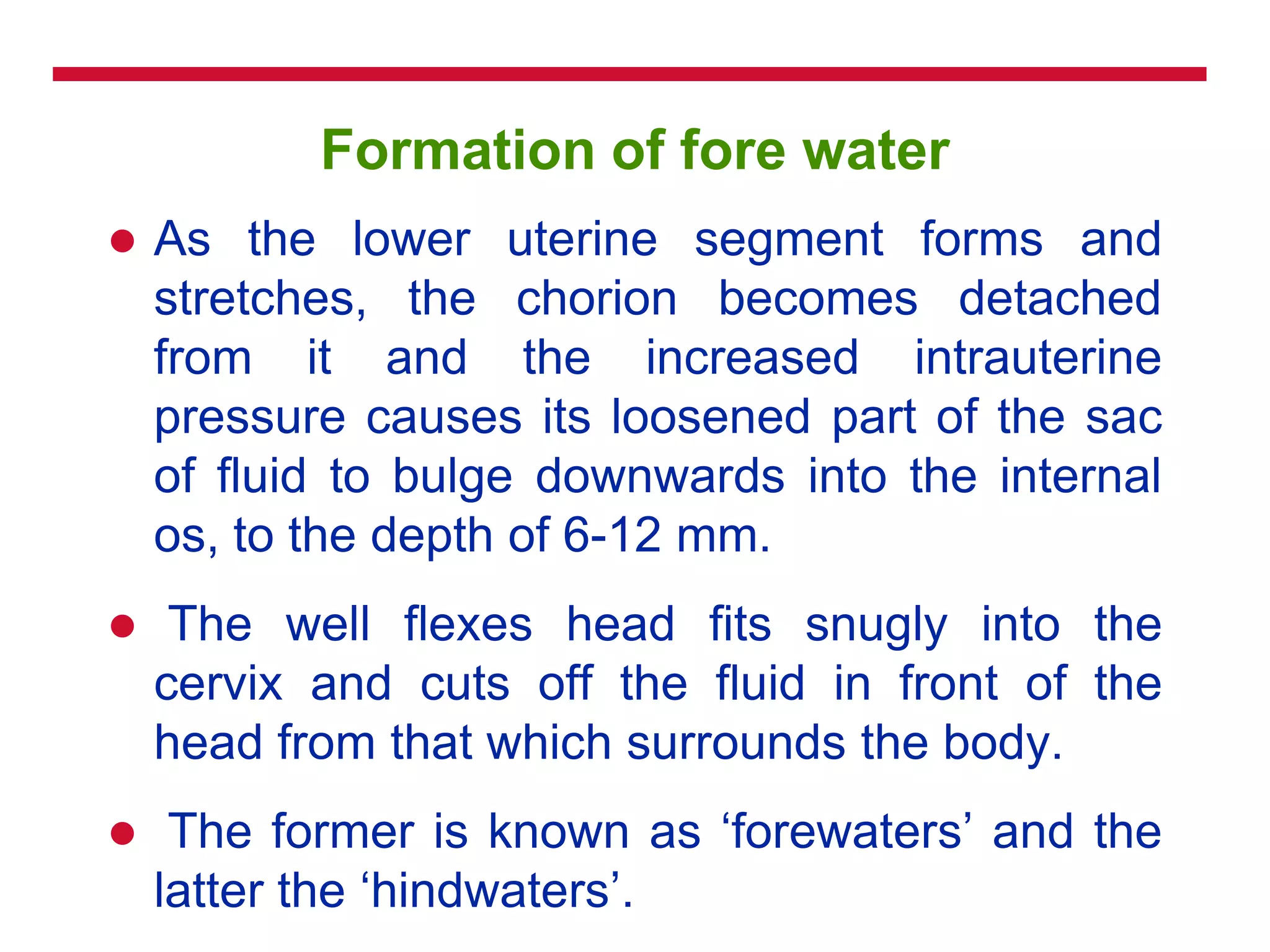 Formation of fore water
 As the lower uterine segment forms and
stretches, the chorion becomes detached
from it and the increased intrauterine
pressure causes its loosened part of the sac
of fluid to bulge downwards into the internal
os, to the depth of 6-12 mm.
 The well flexes head fits snugly into the
cervix and cuts off the fluid in front of the
head from that which surrounds the body.
 The former is known as ‗forewaters‘ and the
latter the ‗hindwaters‘.
 