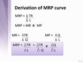 Derivation of MRP curve
MRP = TR
L
MRP = MR MP
MR = TR MP = Q
Q L
MRP = TR = TR Q
L Q L
 