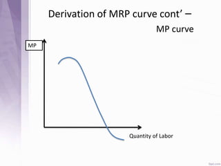 Derivation of MRP curve cont’ –
MP curve
MP
Quantity of Labor
 