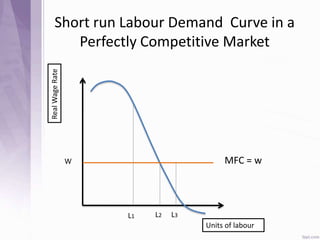 Short run Labour Demand Curve in a
Perfectly Competitive Market
RealWageRate
L3L2L1
W
Units of labour
MFC = w
 