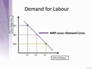 W2
Demand for LabourRealWageRate
W3
W1
Units of labour
L3L2L1
MRP curve =Demand Curve
 