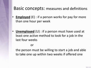 Basic concepts: measures and definitions
• Employed (E) : if a person works for pay for more
than one hour per week
• Unemployed (U) : if a person must have used at
least one active method to look for a job in the
last four weeks
or
the person must be willing to start a job and able
to take one up within two weeks if offered one
 