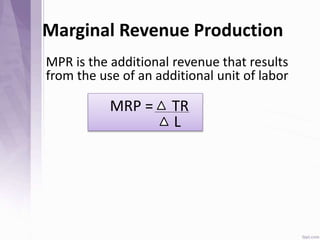Marginal Revenue Production
MPR is the additional revenue that results
from the use of an additional unit of labor
MRP = TR
L
 