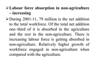 Labour force absorption in non-agriculture
– increasing
During 2001-11, 79 million is the net addition
to the total workforce. Of the total net addition
one–third of it is absorbed in the agriculture
and the rest in the non-agriculture. There is
increasing labour force is getting absorbed in
non-agriculture. Relatively higher growth of
workforce engaged in non-agriculture when
compared with the agriculture.
 