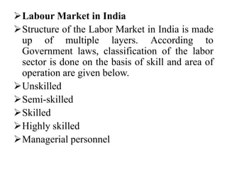Labour Market in India
Structure of the Labor Market in India is made
up of multiple layers. According to
Government laws, classification of the labor
sector is done on the basis of skill and area of
operation are given below.
Unskilled
Semi-skilled
Skilled
Highly skilled
Managerial personnel
 