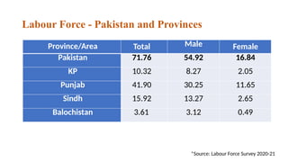 Labour Force - Pakistan and Provinces
Province/Area Total Male Female
Pakistan 71.76 54.92 16.84
KP 10.32 8.27 2.05
Punjab 41.90 30.25 11.65
Sindh 15.92 13.27 2.65
Balochistan 3.61 3.12 0.49
*Source: Labour Force Survey 2020-21
 