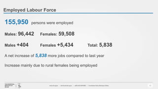 Employed Labour Force
13
155,950 persons were employed
Males: 96,442 Females: 59,508
Males +404 Females +5,434 Total: 5,838
A net increase of 5,838 more jobs compared to last year
Increase mainly due to rural females being employed
 