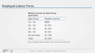 Employed Labour Force
19
Age Group Median Income
14 – 24 $892
25 – 34 $1,270
35 – 44 $1,344
45 – 54 $1,401
55 and Over $1,129
Total $1,218
Median income by Age Group:
April 2018
Source: Statistical Institute of Belize. Labour Force Survey, April 2018.
 