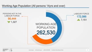 Working Age Population (All persons 14yrs and over)
8
WORKING AGE
POPULATION
262,530
LABOUR FORCE
172,086
7,151
PERSONS NOT IN THE
LABOUR FORCE
90,444
1,327
 