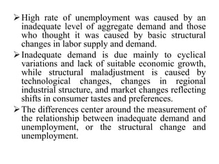 High rate of unemployment was caused by an
inadequate level of aggregate demand and those
who thought it was caused by basic structural
changes in labor supply and demand.
Inadequate demand is due mainly to cyclical
variations and lack of suitable economic growth,
while structural maladjustment is caused by
technological changes, changes in regional
industrial structure, and market changes reflecting
shifts in consumer tastes and preferences.
The differences center around the measurement of
the relationship between inadequate demand and
unemployment, or the structural change and
unemployment.
 