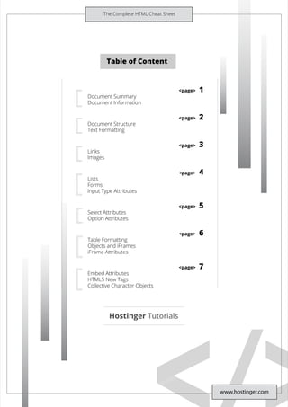 <page> 1
Document Summary
Document Information
<page> 2
Document Structure
Text Formatting
<page> 3
Links
Images
<page> 4
Lists
Forms
Input Type Attributes
<page> 5
Select Attributes
Option Attributes
<page> 6
Table Formatting
Objects and iFrames
iFrame Attributes
<page> 7
Embed Attributes
HTML5 New Tags
Collective Character Objects
www.hostinger.com
 